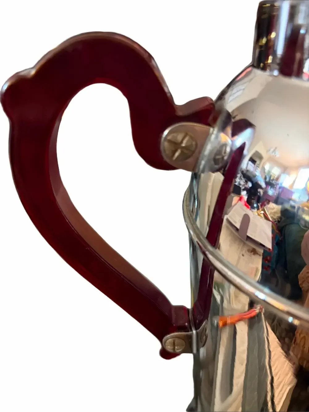 Art Deco chrome vintage cocktail shaker Bakelite red handle. 12” high